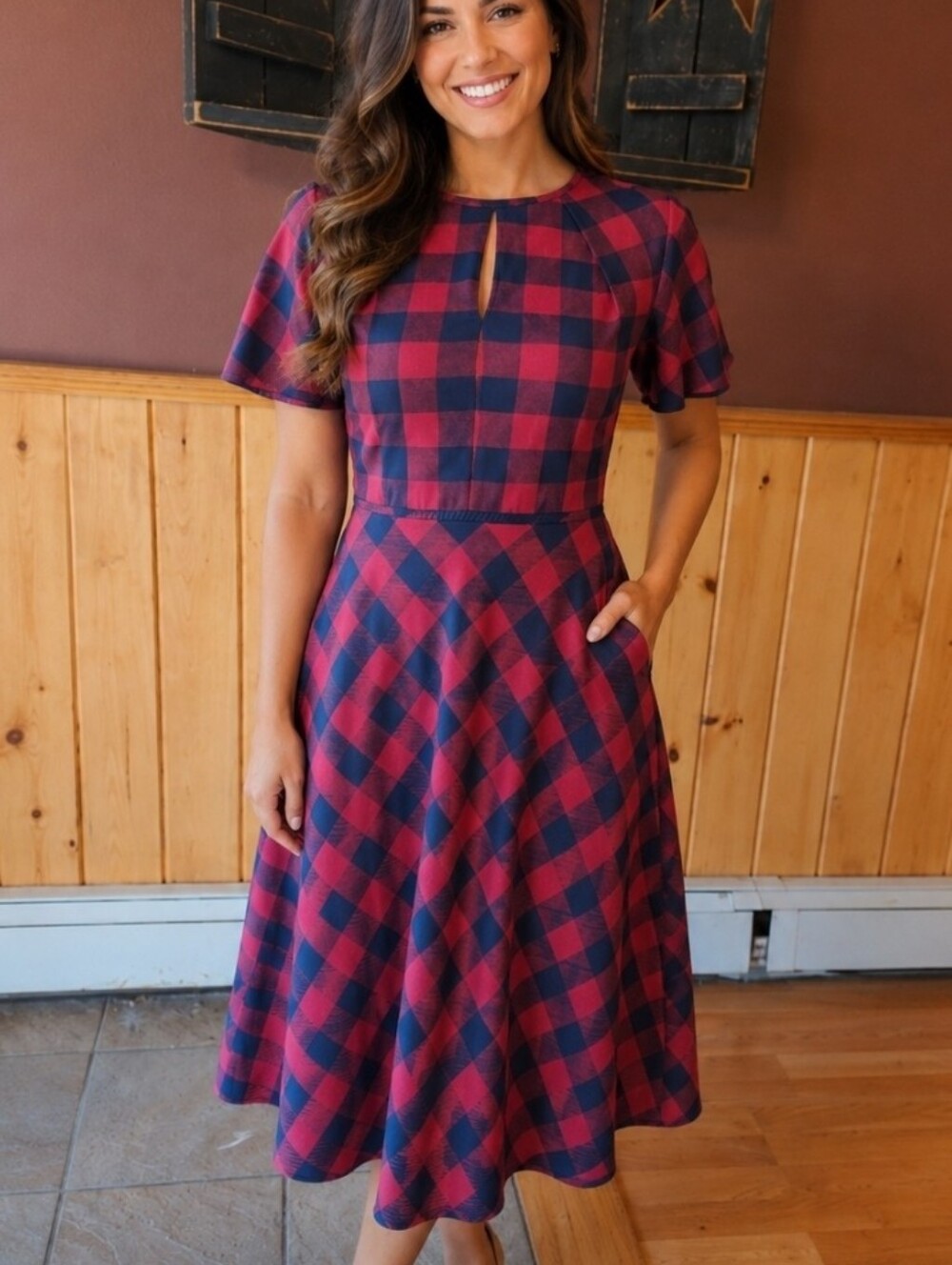 Draper James Buffalo Check Midi Dress Black and Red Size 2